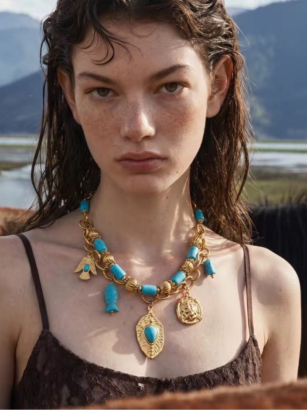 Coastal Luxe Turquoise Gold Charm Necklace